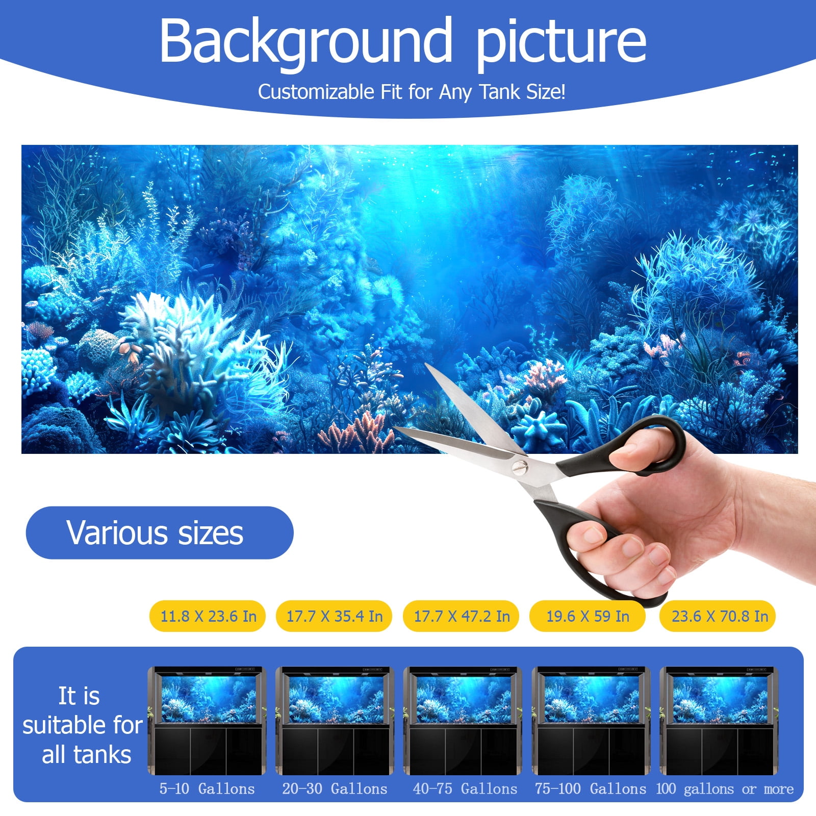 Aquarium Background & Fish Tank Background – Ultra HD Static Cling, No Tape, No Residue, Vibrant Underwater Scenery for Stunning Aquarium Decorations, Blue Ocean Theme 23.6X 70.8 Inches