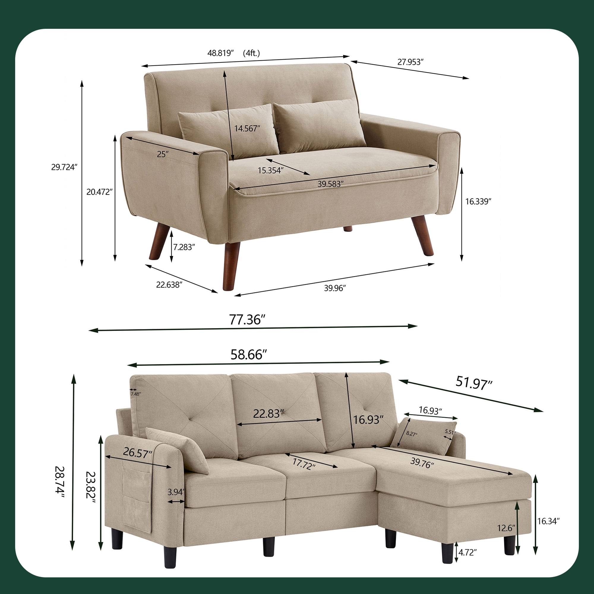 79" Convertible Sectional Sofa Set, Small L Shaped 3-Seat Couch with Reversible Chaise and Accent Chair, Modern Linen Sofas Couches for Living Room, Beige