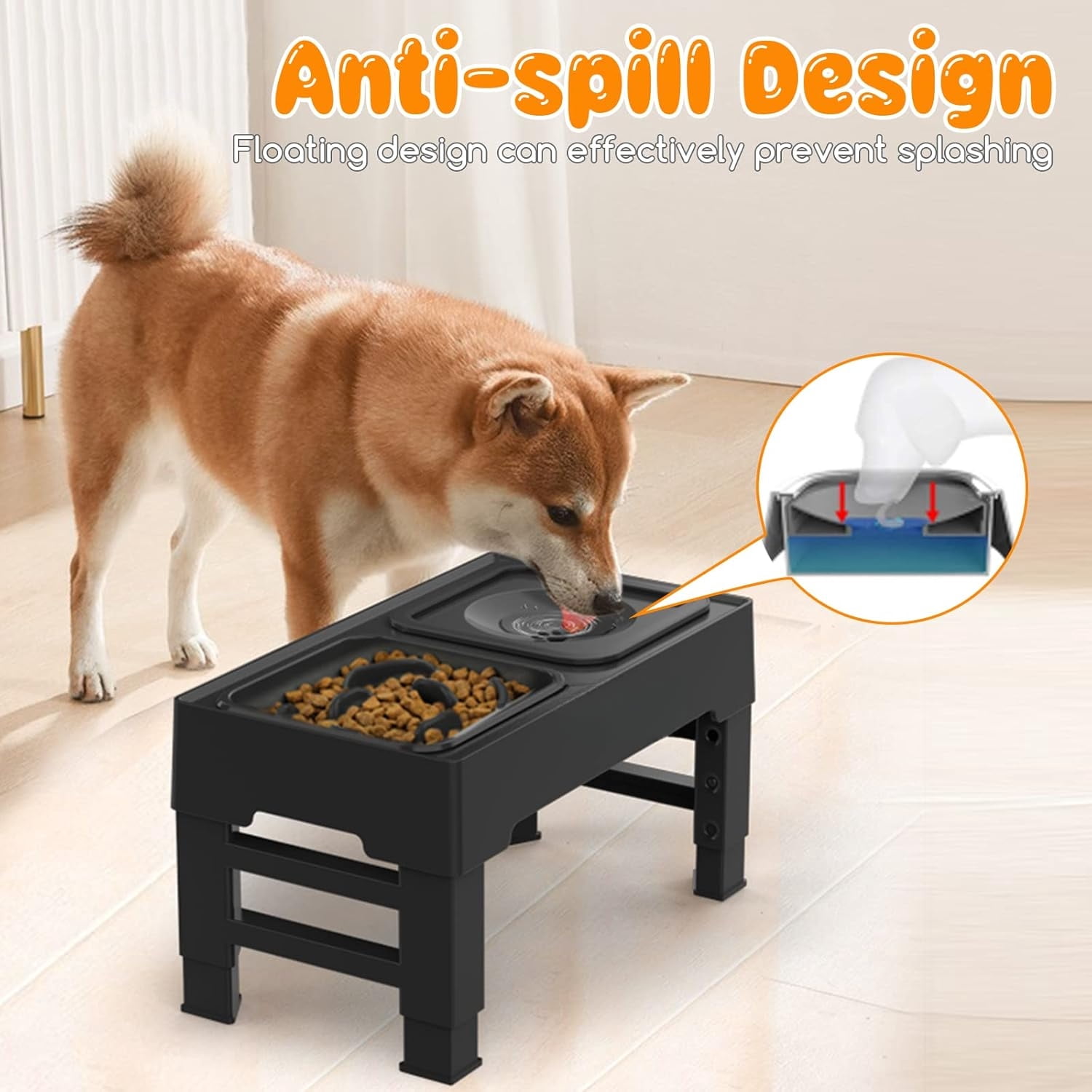 2-in-1 Elevated Slow Feeder Dog Bowls with No-Spill Water Bowl, 4 Height-Adjustable Raised Dog Bowls, Non-Slip Food and Water Bowls with Stand for Small, Medium, Large Dogs, Cats and Pets