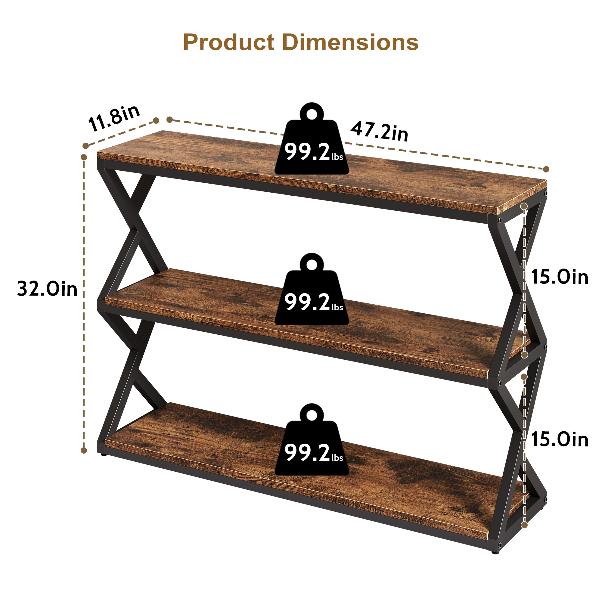 47.2 Inch Rustic Console Table, Industrial Entryway Table with 3-Tier Shelves - Long Hallway Sofa Table, TV Stand & Media Center for Living Room, Vintage Brown