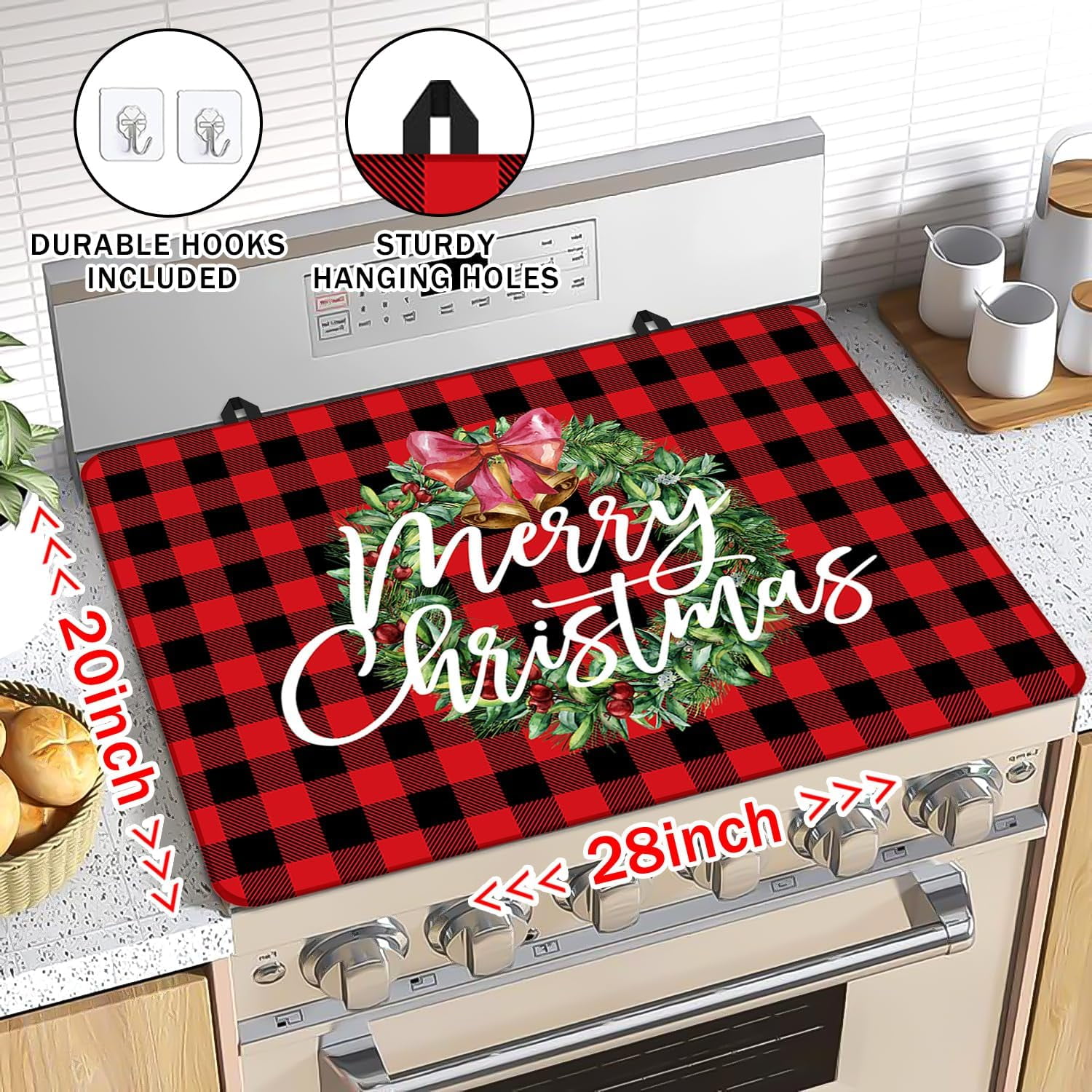 Christmas Stove Top Cover for Electric Stove, 20x28 In Red Plaid Stove Covers Xmas Stove Mat Winter Heat Resist Gas Range Mat Induction Kitchen Decor Cooktop Protector Pad