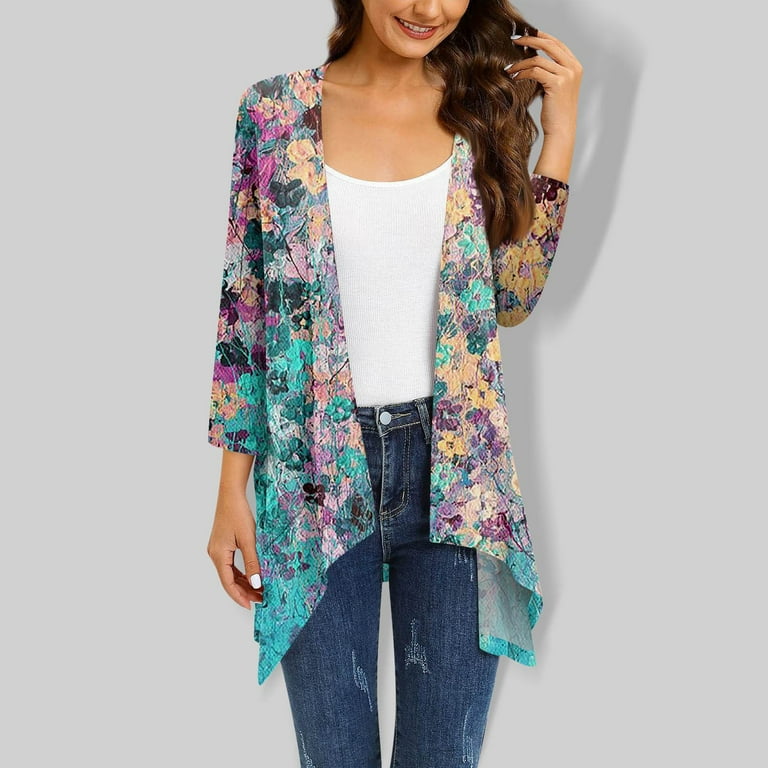 Cardigan Sweater Umitay Women s Print Irregular Three quarter Sleeve Cardigan With Pocket Jacket