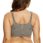 Exerin Women's Front Closure Full Coverage Wirefree Posture Back Plus Size Bra(Grey,44DD)