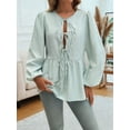 thumbnail image 3 of Women'S Tie Front Babydoll Blouse Tops Long Sleeve Stripe Peplum Ruffle Lace Up Shirts Green M, 3 of 5