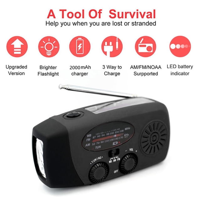2000mAh Manivela portátil FM AM WB NOAA Radio Solar Radio Antorcha (Negro)
