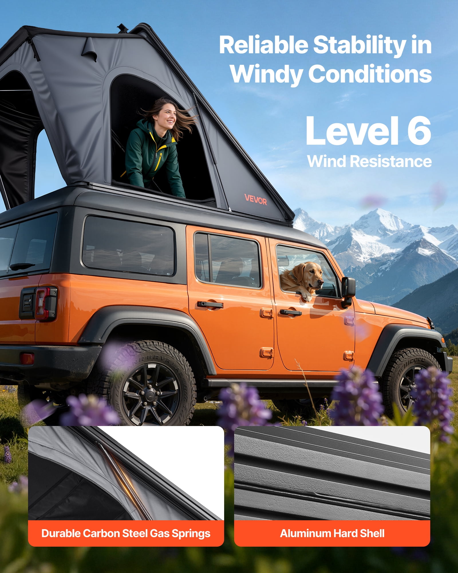 VEVOR Rooftop Tent Hard Shell, 2-3 Person Aluminum Roof Top Tent Hardshell with Tri-Color LED Light, Thick Mattress & Window, Waterproof Windproof Overland Camping Car Roof Rack for Jeep SUV Pickup