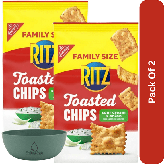 RITZ Toasted Chips Sour Cream and Onion Crackers,Family Size, 11.4 oz , Party Snacks, With Olive Green Bowl By ValueNest