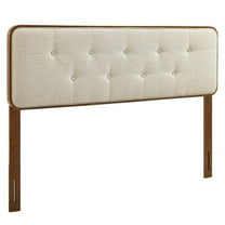 Maklaine Tufted Queen Fabric and Wood Headboard in Walnut/Beige