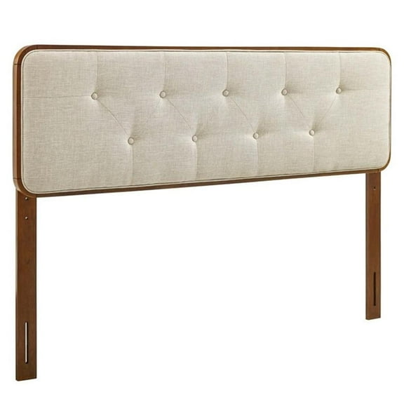 Maklaine Tufted King Fabric and Wood Headboard in Walnut/Beige
