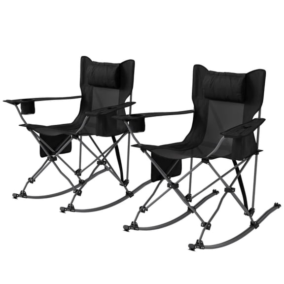Demifill Folding Rocking Camping Chairs 2 Pack - Black, Portable Chairs with Headrest, Cooler Bag, Cup Holder & Carry Bag