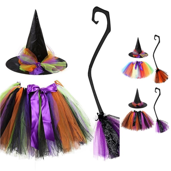 SUXIAN Girls Halloween Tulle Tutu Skirt Witch Hat and Broom 3‑Piece Costume Set for Kids Halloween Cosplay Party Role‑Play Holiday Gathering Dress‑Up