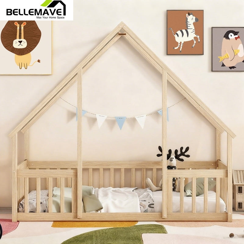 Bellemave Twin Size Floor Bed with House-shaped Roof and Fence Twin Wood House Floor Bed Frame with Guardrails Montessori House Bed, Natural