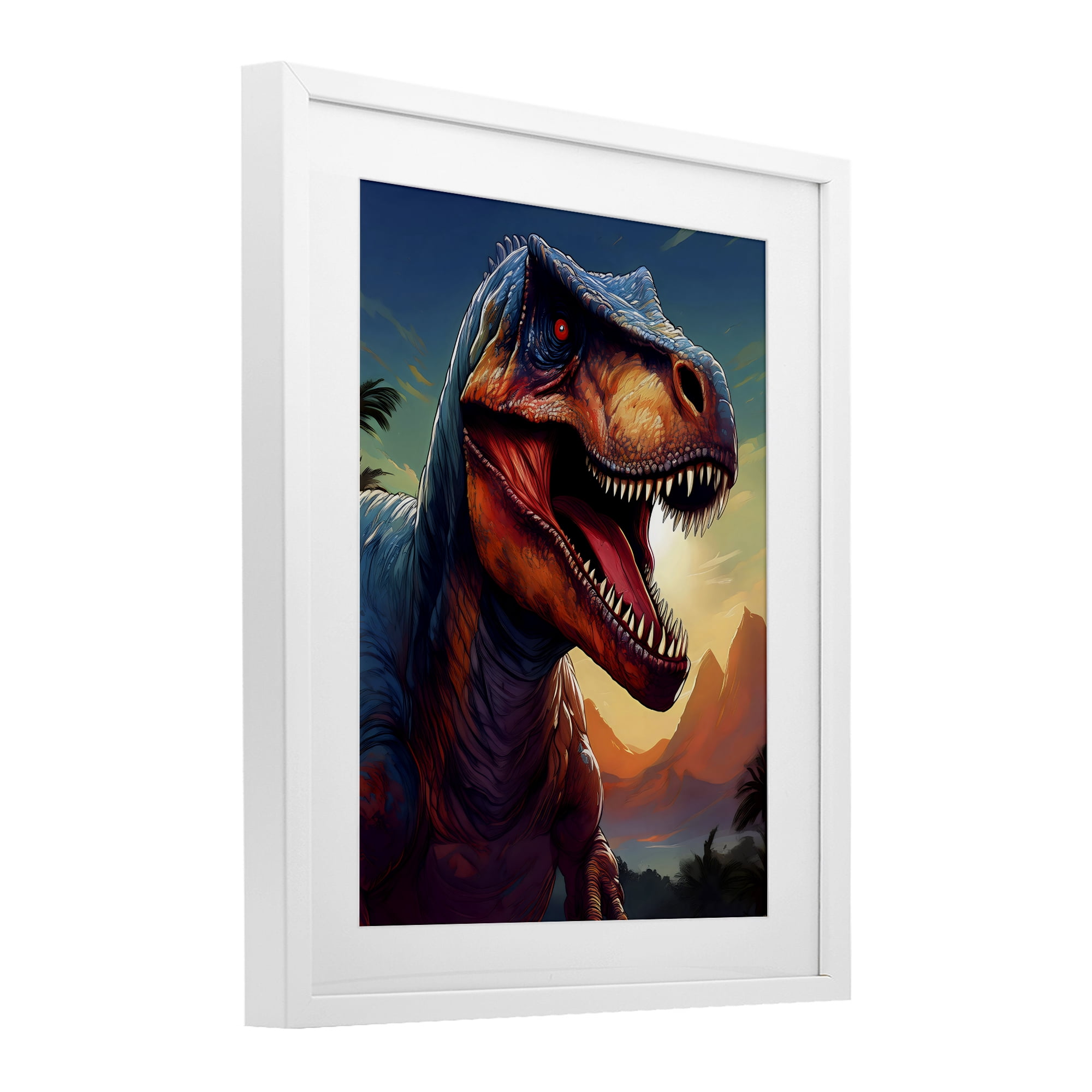 Stupell Industries Dinosaur with Sunset Landscape White Framed Print Under Glass, design by Creative Studio