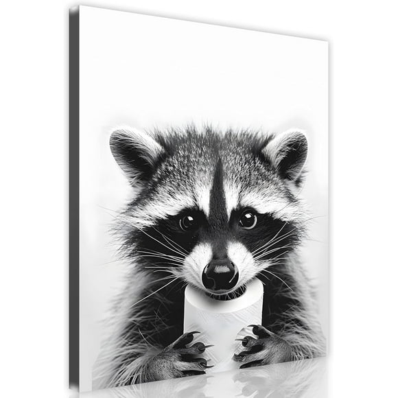 shiyou-Funny Bathroom Animal Pictures Black and White Raccoon with Toilet Paper Funny Raccoon Wall Art Cute Animal Bathroom Pictures Humor Animals Washroom Artwork Ready to Hang 8''x10''