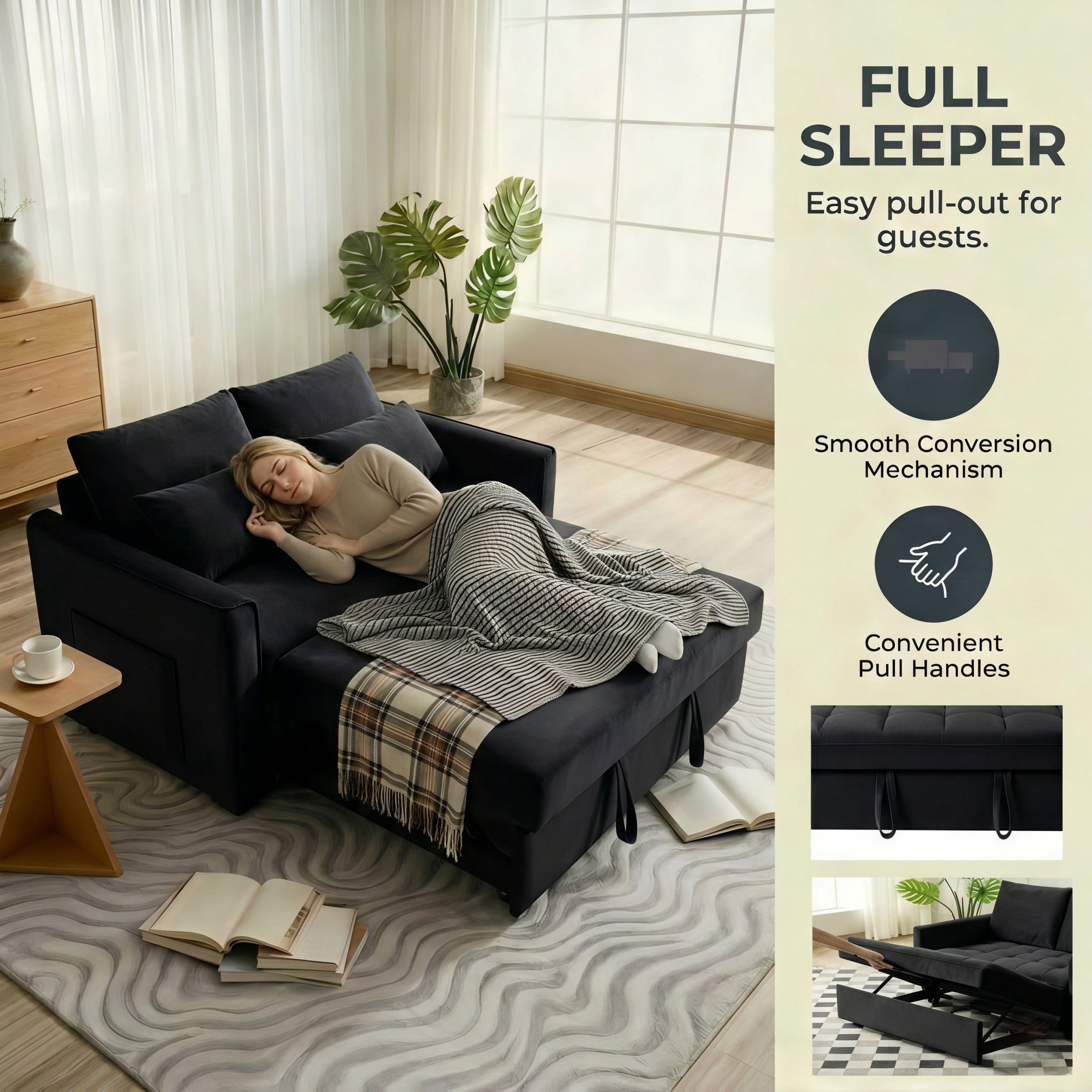 Amuille 3 in 1 Convertible Sleeper Sofa Bed, 54" Velvet Fabric Loveseat, Pull Out Couch for Living Room and Apartment, Black