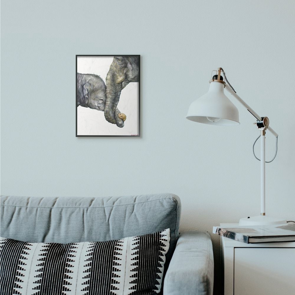 Stupell Industries Cute Baby Elephant Family Animal Watercolor Painting Framed Giclee Texturized Art by George Dyachenko