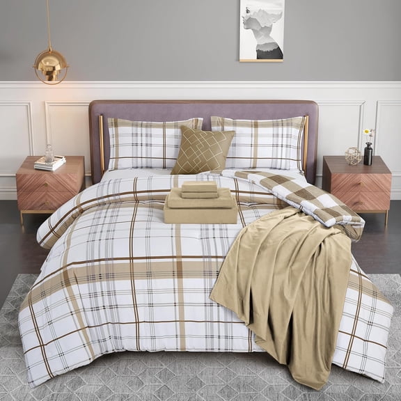 Silky Soft 8-Piece Plaid Bed-in-a-Bag Comforter Set with Smart Sheets, Decorative Pillow & Shams - Full/Queen Taupe
