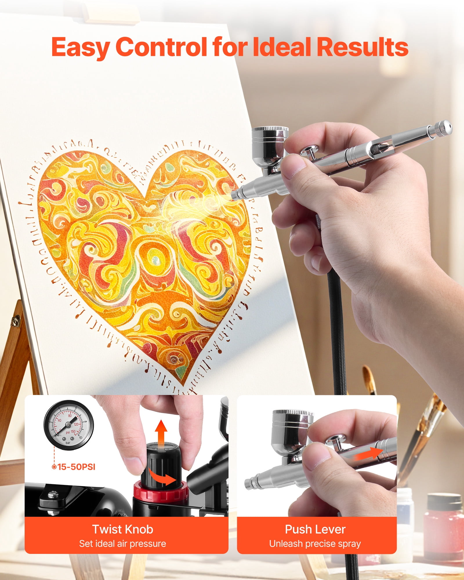 VEVOR Airbrush Kit, 1/6 HP, Air Brush Kit with Air Compressor and Tank, 1 Dual-Action Professional Airbrush with 3 Tips, Acrylic Paint, Low Noise, for Cake Decorating, Model Painting, Nail Art