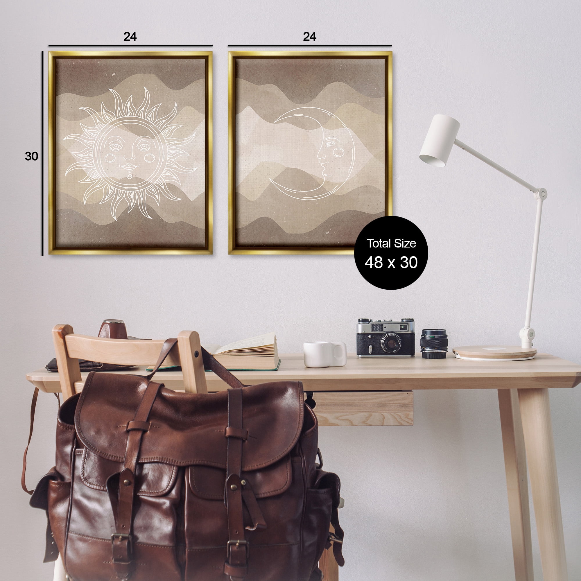 Stupell Industries Astral Boho Sun & Moon Landscape Painting Gold Floater Framed Canvas Art Print Wall Art, 25 x 31, Set of 2
