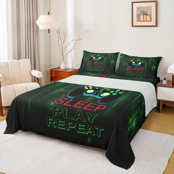 Homewish Sleep Play Repeat Bed Sheets for Teens, Black Green Gamepad King Sheets, Neon Abstract Sheet Set, Lightweight Room Decor, 4pcs