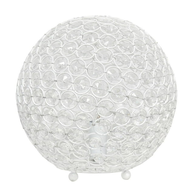 Elegant Designs Elipse 10 Inch white spherical table lamp featuring a circular metal frame adorned with clear crystal ball sequins