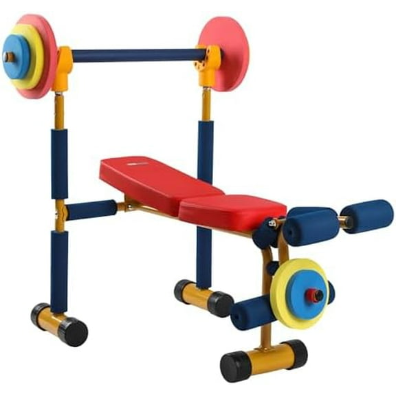 Kids Weight Bench Set with 35" Bench & Adjustable Headrest, Toddler Gym for Beginner Exercises and Weightlifting with Barbell, Multicolor$$Sport & Recreation Other