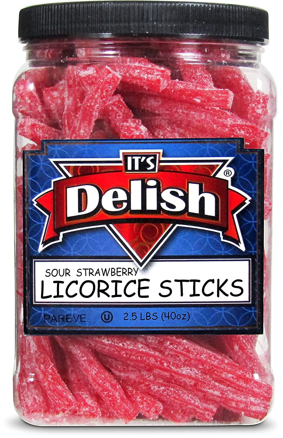 Sweet & Sour Strawberry Licorice Sticks by Its Delish, 2.5 LBS 40 Oz Jumbo Container Jar  Chewy Red Strawberry Lightly Sour Candy Twists  Great Gifts Party Sweets  Made in USA, Vegan, Kosher