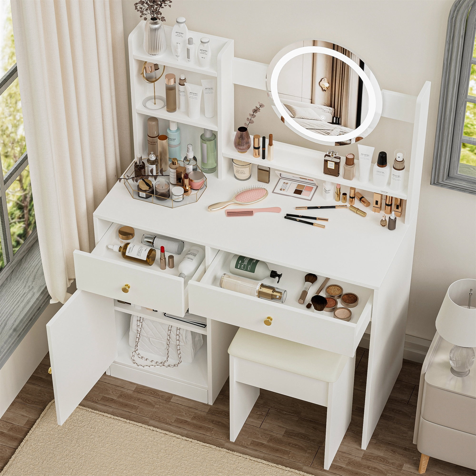 Alvantor Makeup Vanity Desk with Mirror and Lights, Adjustable Brightness Dressing Table with Cushioned Chair, White