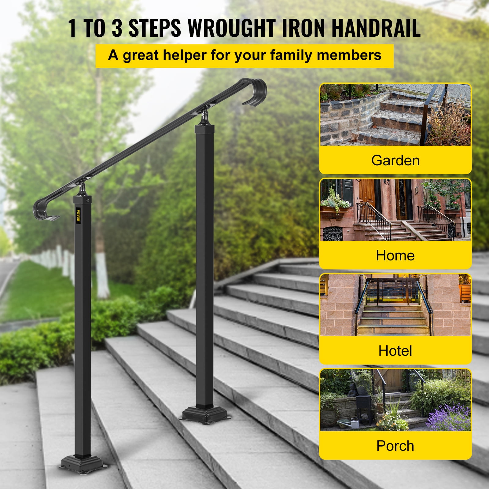 BENTISM Handrail for Stairs Fit 1 or 2 Steps Wrought Iron Handrail,Outdoor Stair Railing, Height Adjustable Front Porch Hand Rail, Black