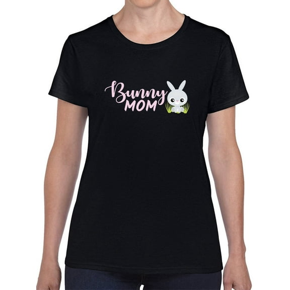 Cute Bunny Mom Graphic Women Black T-Shirt, Female Large