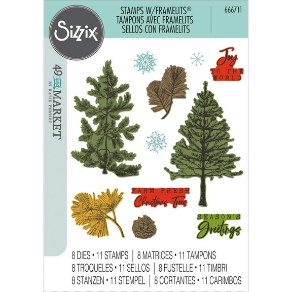 Sizzix Stamp Set with Framelits Dies, Pine Holidays by 49 & Market, 11 Rubber Stamps, 8 Cutting Dies, Christmas
