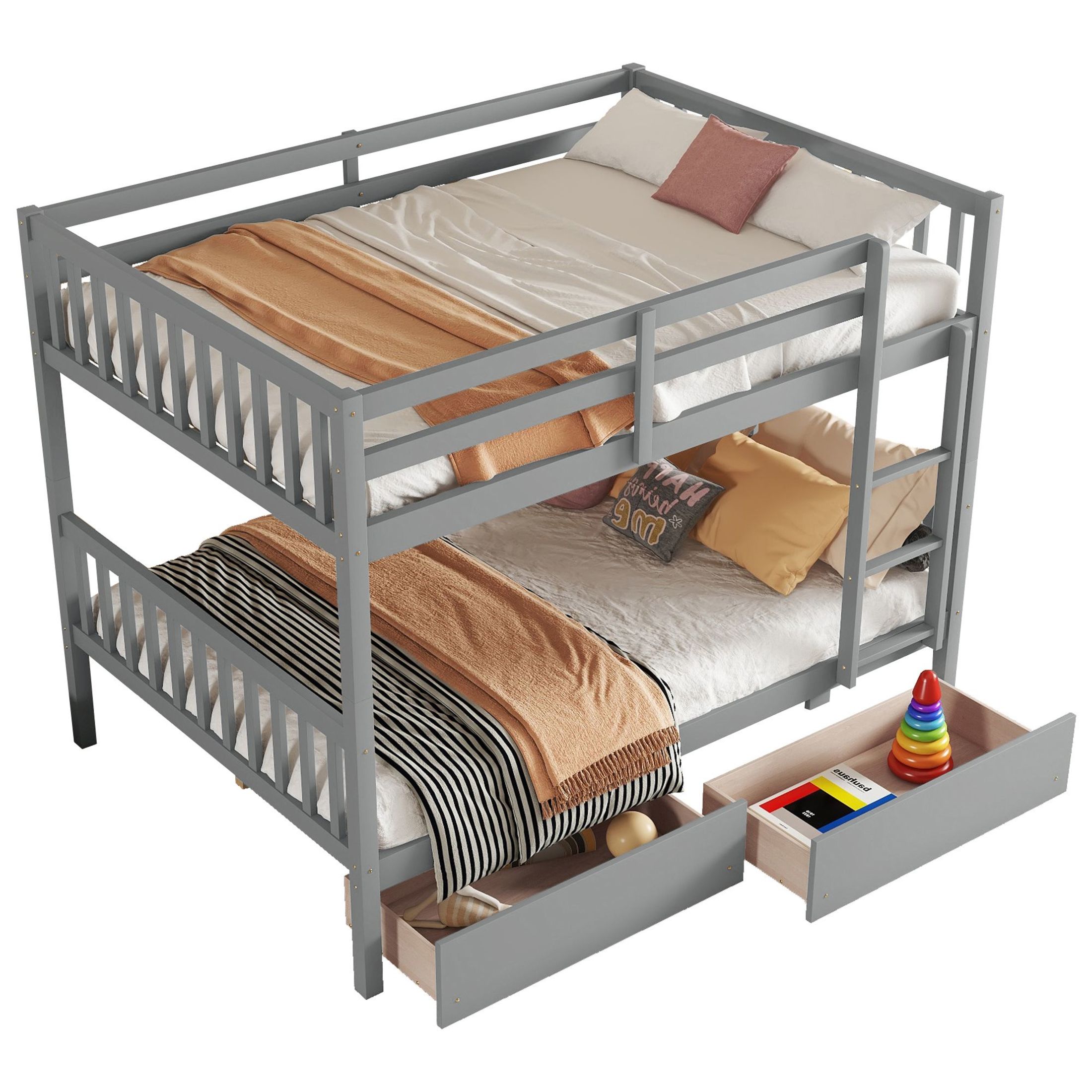 Noble House Full Over Full Rubber Wood Bunk Bed, Convertible Design with 2 Storage Drawers, Guardrails & Ladder, Grey