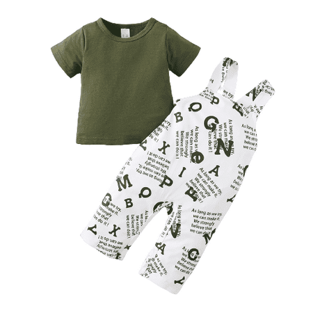 

Mikrdoo Baby Girls Outfits Short Sleeve Shirts Letter Straps Suspender Pants For Fall Winter 2PCS Clothes Set Green 12-18Months