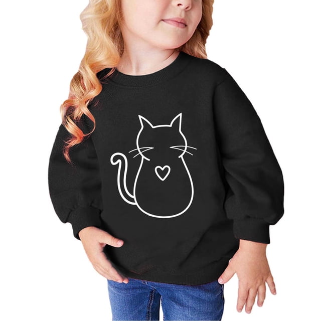 RXIRUCGD Chandails Molletonnés pour Petites et Grandes Filles, Chandail de Base en Molleton, Chandail à Capuchon Mignon Imprimé Chat, Col Rond, Manches Longues, Chandails, Hauts à Enfiler, Vêtements d'Automne et d'Hiver, Chandail Noir-B pour Filles Taille 3-4 Ans
