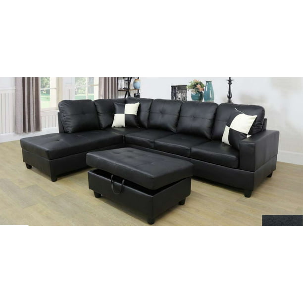 Ult Classic Black Faux Leather Sectional Sofa Left Facing Chaise 74 5 D X 103 5 W X 35 H Walmart Com Walmart Com