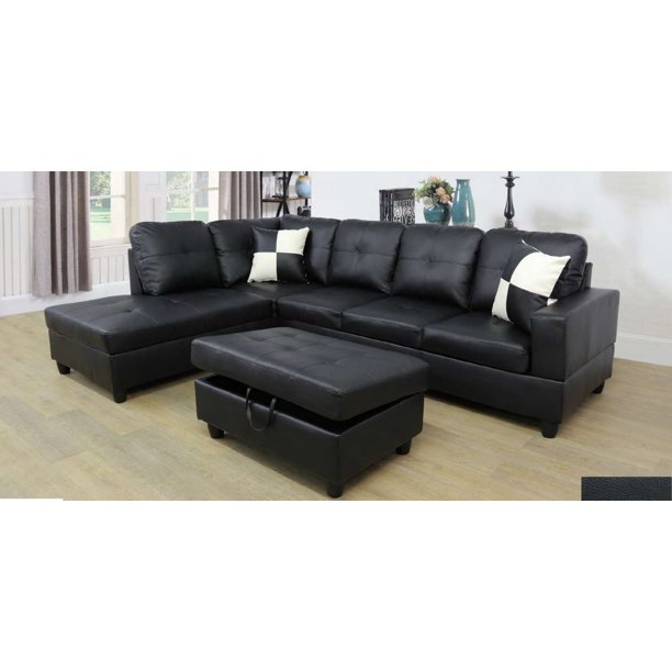Ult Classic Black Faux Leather, Leather Sectional Sofas