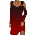 thumbnail image 2 of COSFO Long Sleeve Womens Dress Casual Red Gradient V-Neck Mini Dress A-Line Dress, 2 of 5