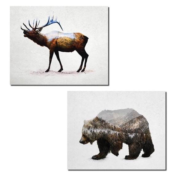 Gango Home Decor Brown Rustic Double Exposure Buck and Bear Adult Lodge Decor; 2 - 14" x 11" Unframed Prints