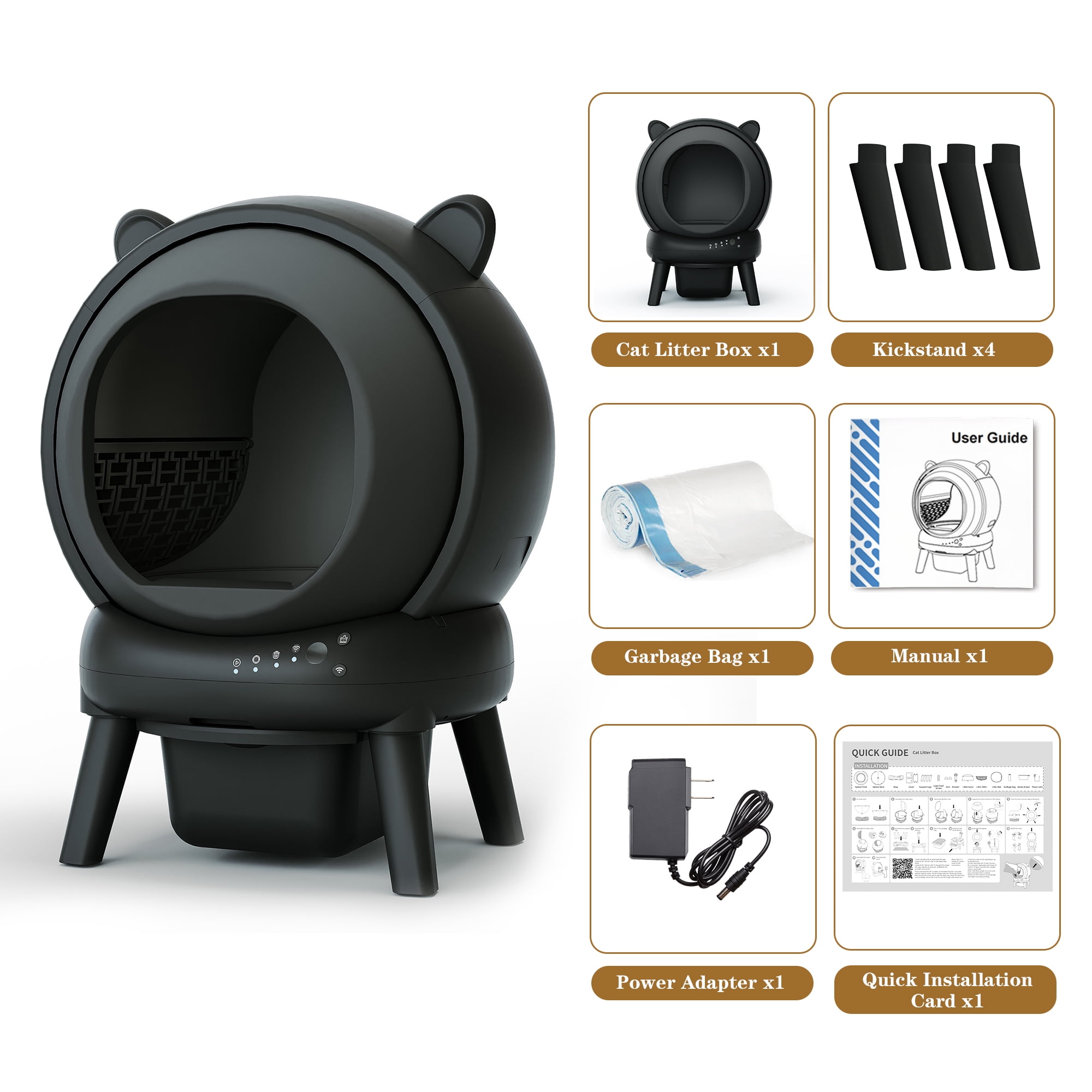 HLR 70L Smart Automatic Self-Cleaning Cat Litter Box, APP Control/Integrated Safety Protection, Cat Ears Design, Black