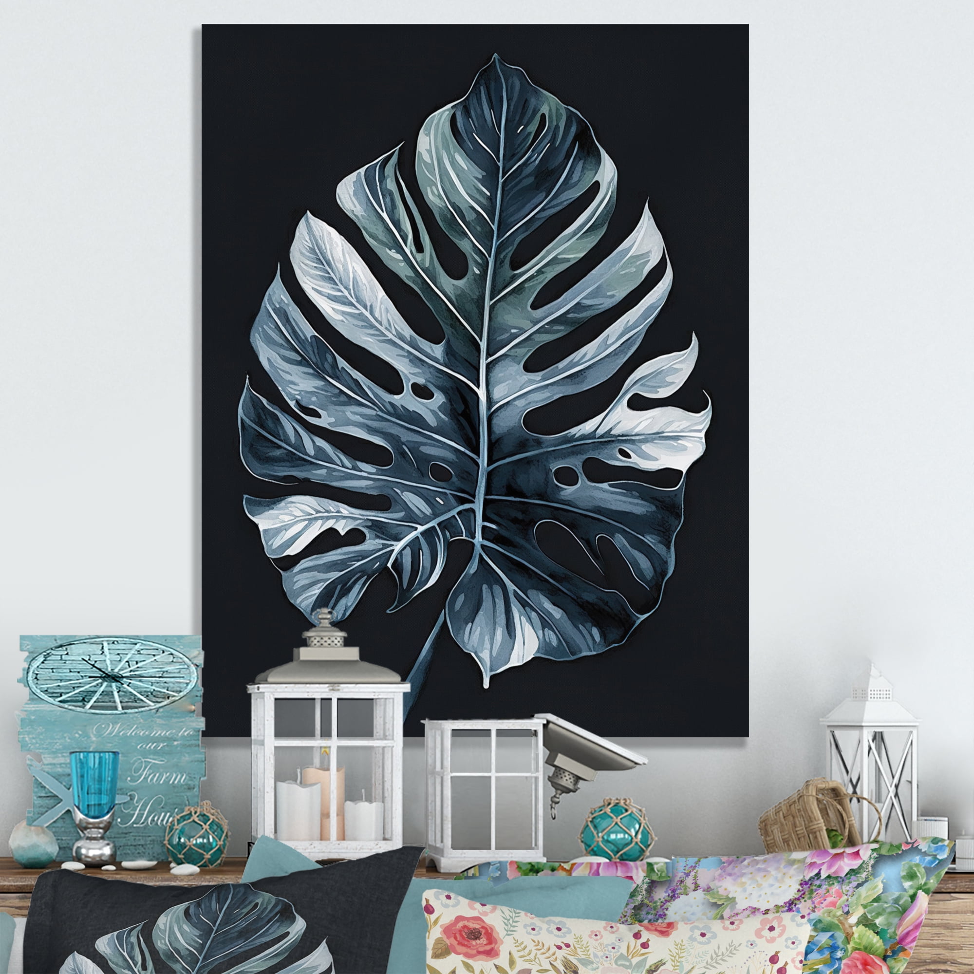 Designart Blue And White Philodendron Leaf II Canvas Wall Art