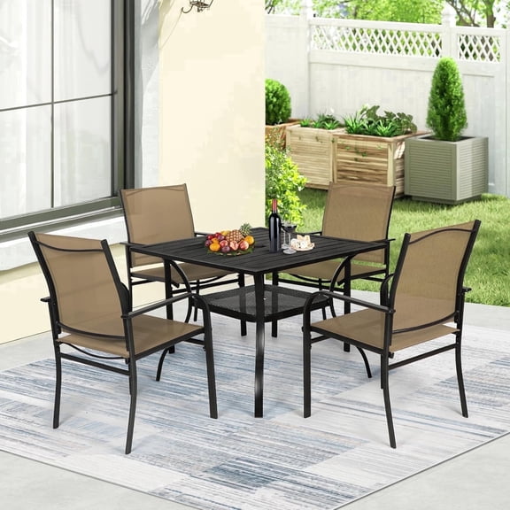 SOLAURA 5-Piece Outdoor Patio Dining Set, Patio Furniture Set with Textilene Dining Chairs and Metal Square Dining Table for 4 People, Khaki
