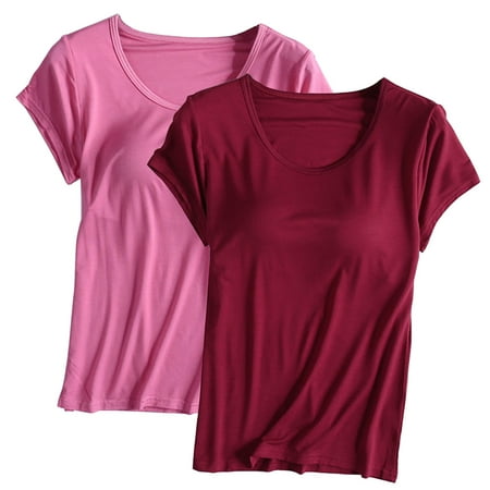 WCMZJ 2PCS Womens Built in Bra T Shirt Padded Active Yoga Oversize Tops Short Sleeves Plain Blouses Soft Pajama Casual Workout Shirts Wine 4XL
