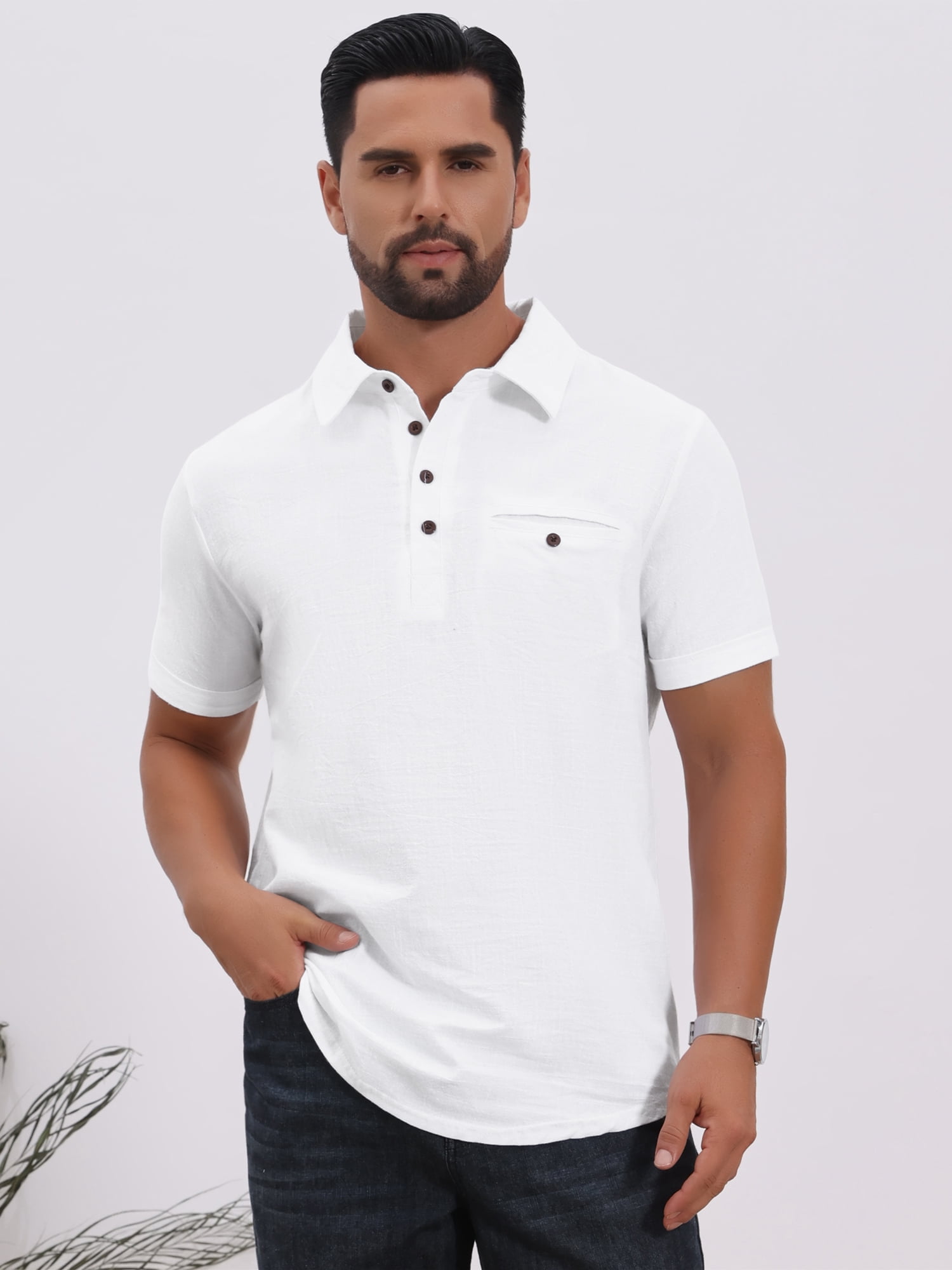 DARING DIVA Men's Linen Chest Pocket Short Sleeve Casual Hawaiian Shirts L White