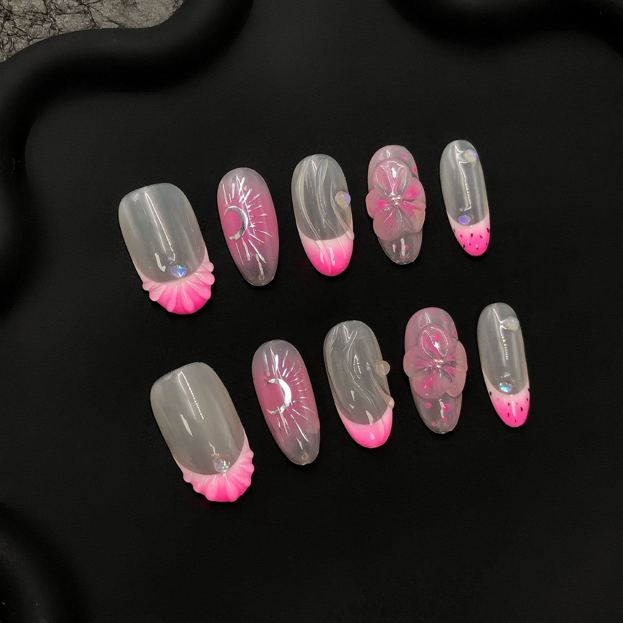 Handmade Press On Nails Pink Shell and Flower Design Long Glossy Set