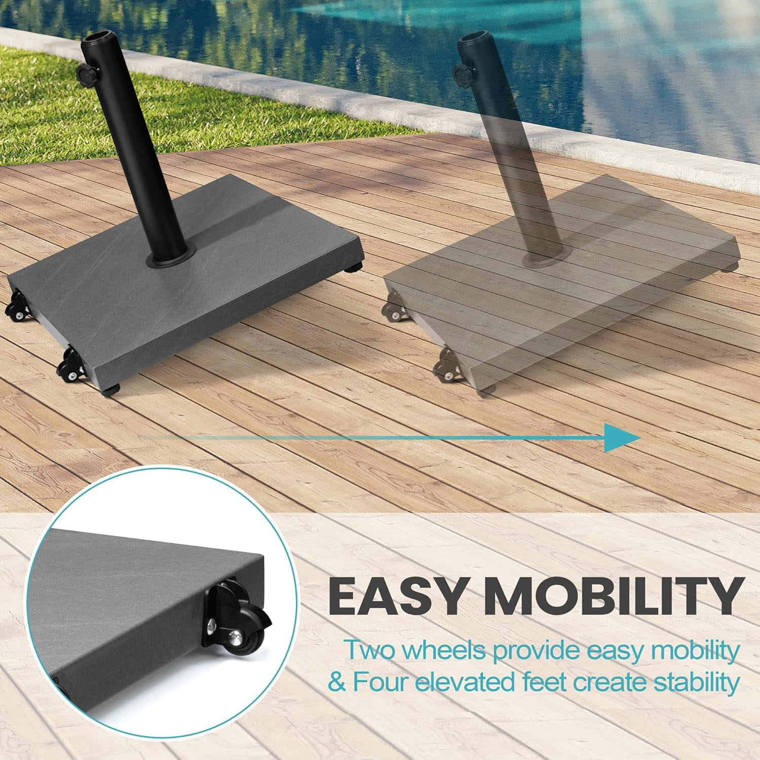 Patio Umbrella Base 43lbs Outdoor Umbrella Stand with Wheels, Heavy Duty Square Concrete Stand Market Umbrella, Gray
