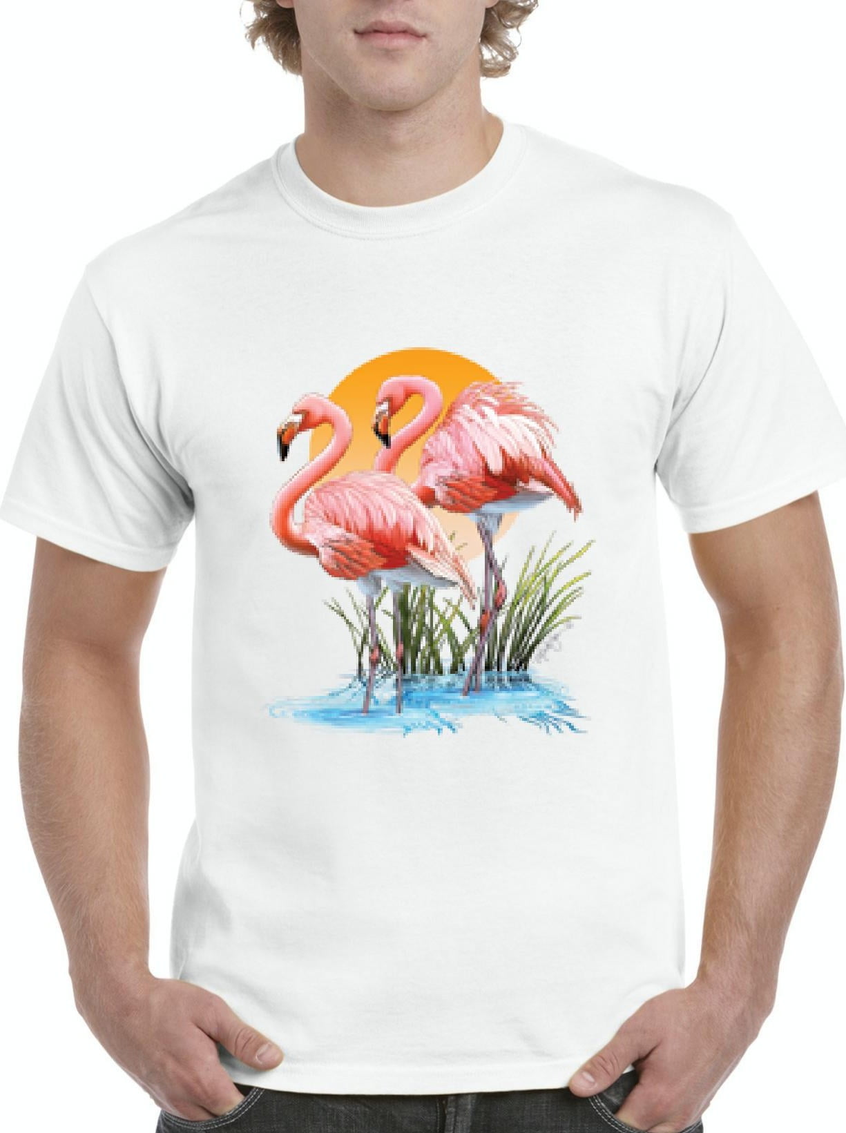 blue shirt with flamingos