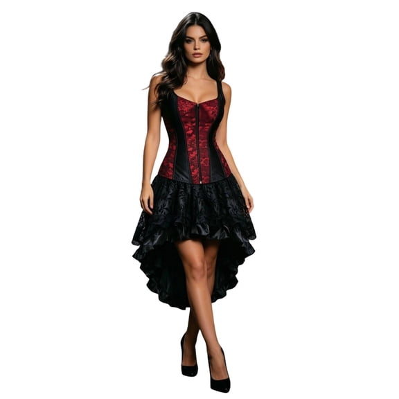 Women Gothic Corset Dress, Vintage Jacquard Bustier Top with High Low Ruffle Skirt Set, Victorian 2 Piece Outfit for Holiday Party and Stage Performance