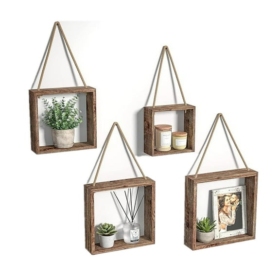 TEAFIRST Set of 4 Floating Hanging Square Shelves, Wall Mounted Rustic Wood Shelf for Living Room