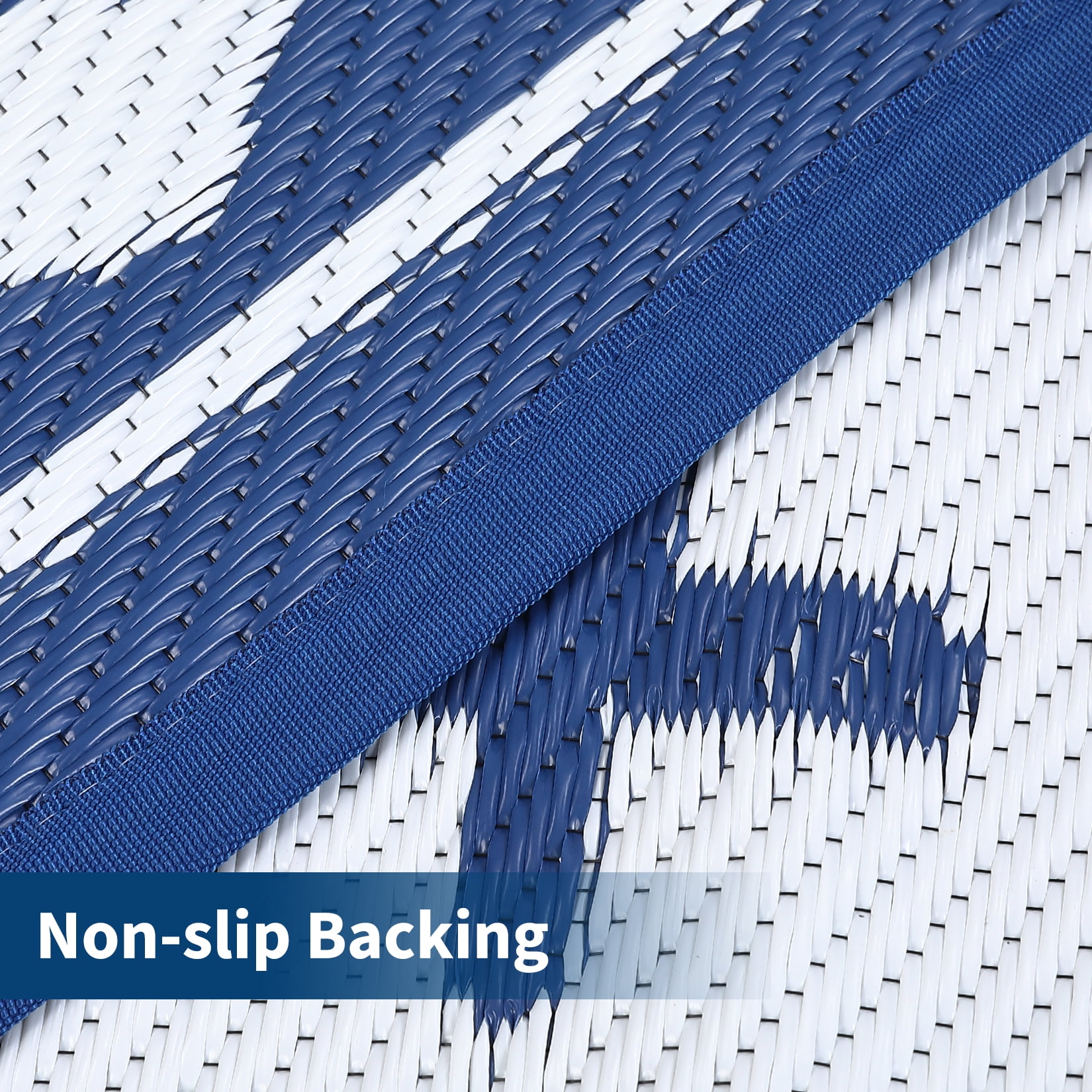 Geometric Outdoor Rug 9x12, Reversible Waterproof Plastic Straw Area Mat for Patio, RV Awning, Garden, Deck, Balcony, Camping and Beach,Dark Blue