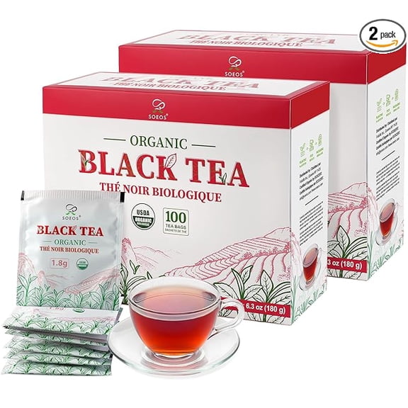 Soeos Organic Black Tea Bags, 6.3oz (180g), Pack of 2, Premium Handpicked Tea Leaves